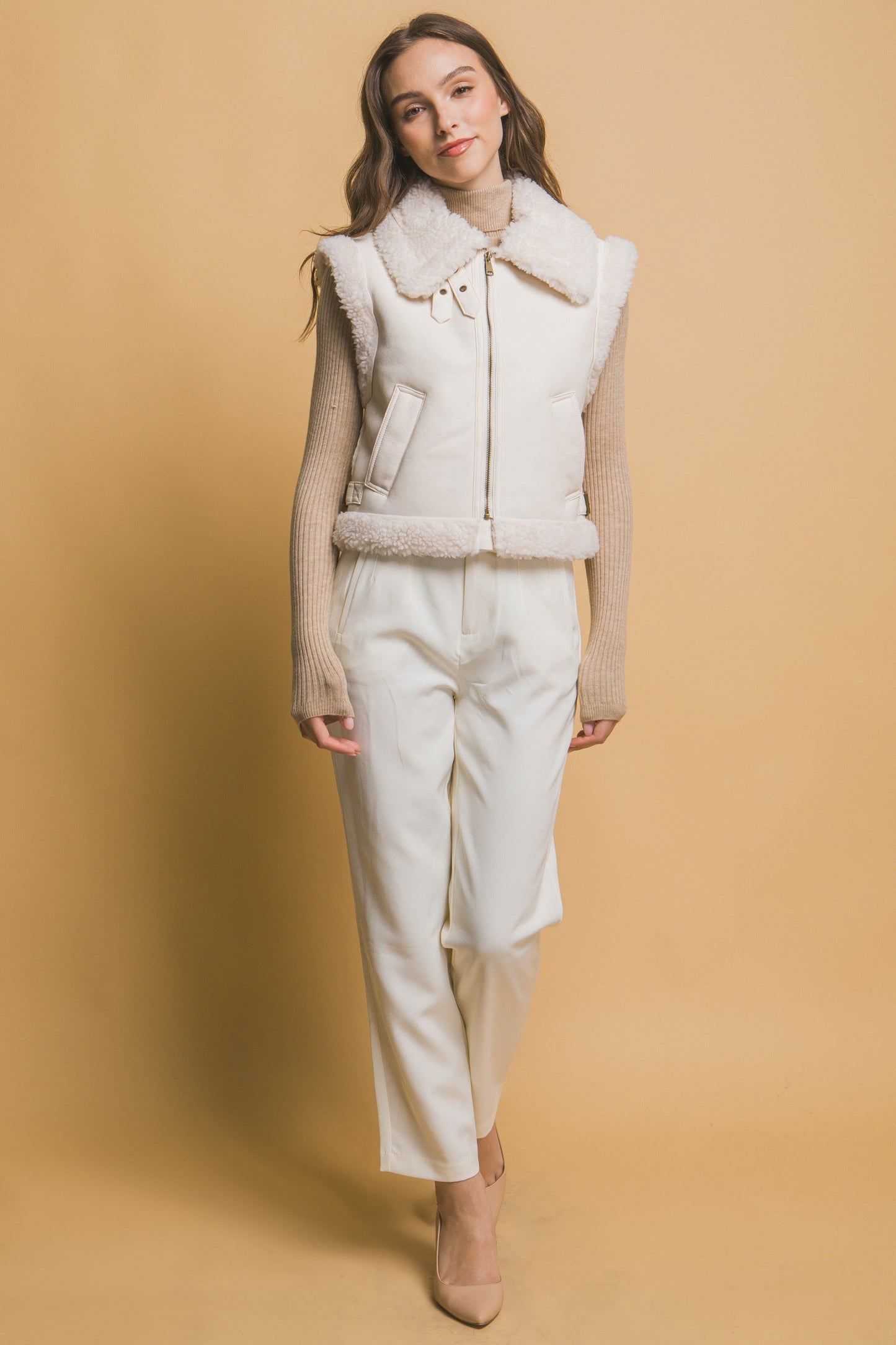  Claire Faux Leather Sherpa Lined Vest, Ivory