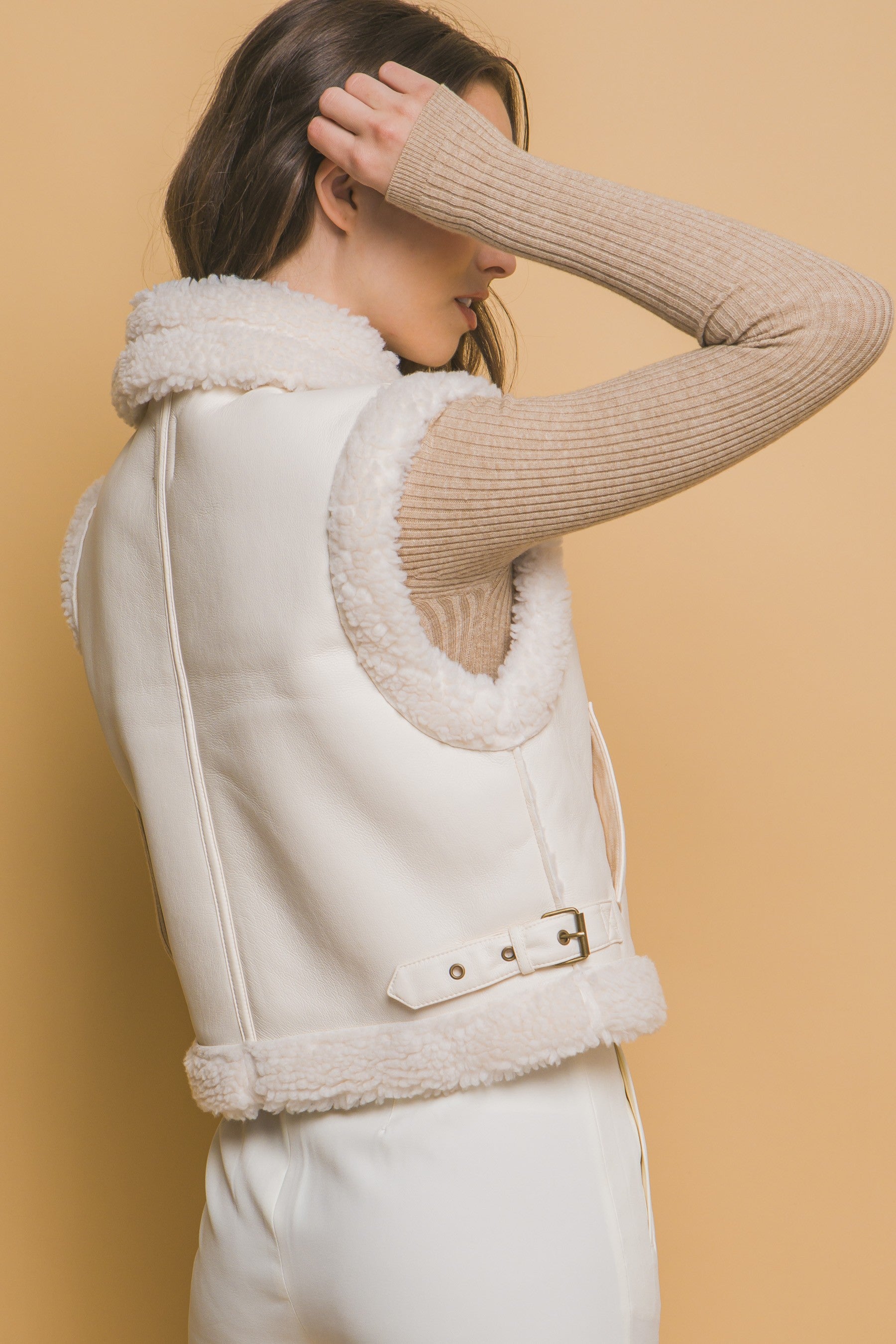  Claire Faux Leather Sherpa Lined Vest, Ivory