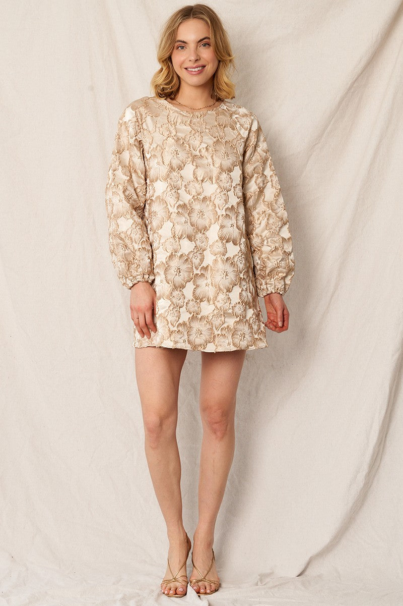  Ezra Jacquard Mini Dress, Cream Gold