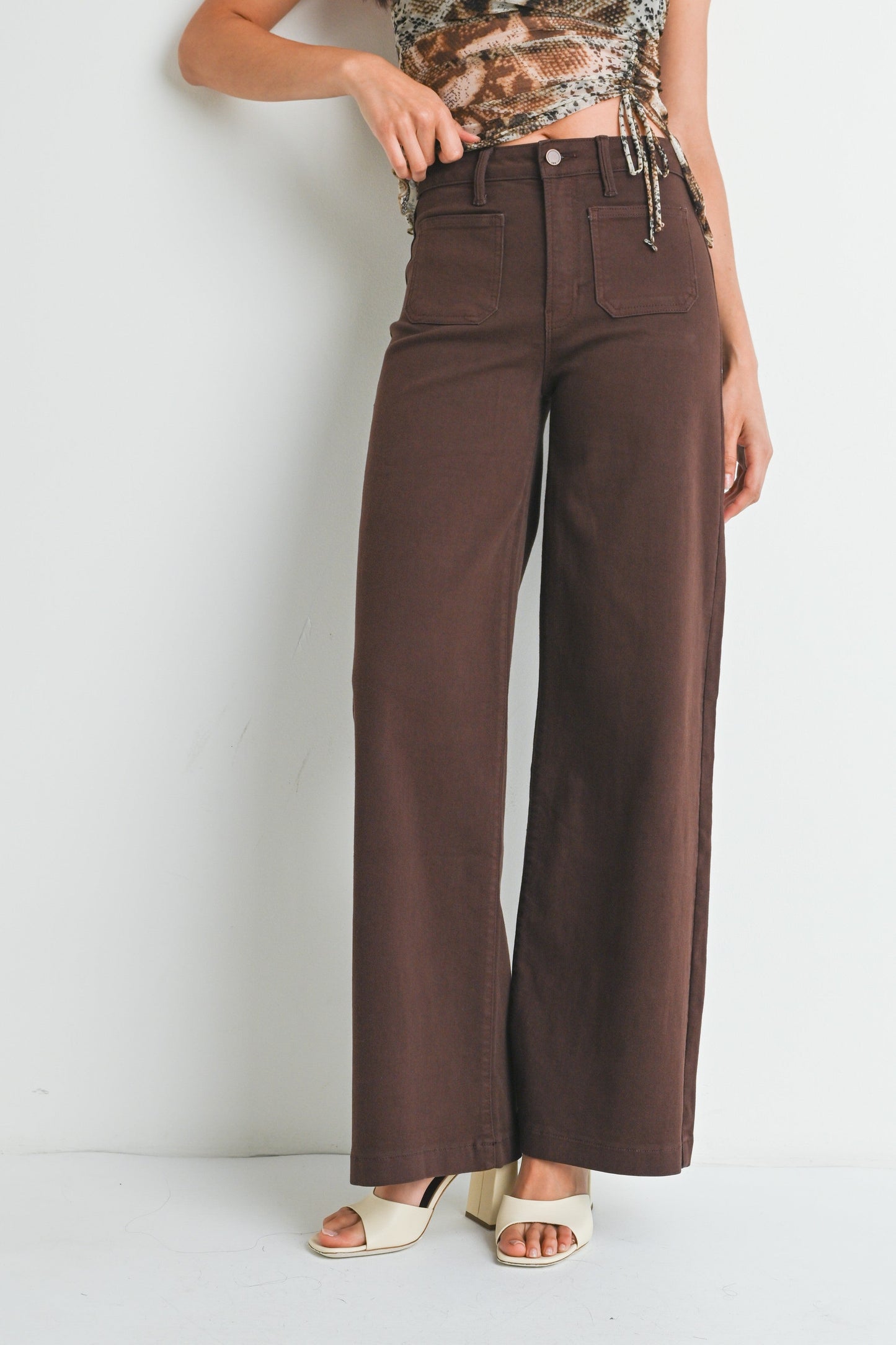  Leah Patch Pocket Wide Leg Jeans, Dark Brown