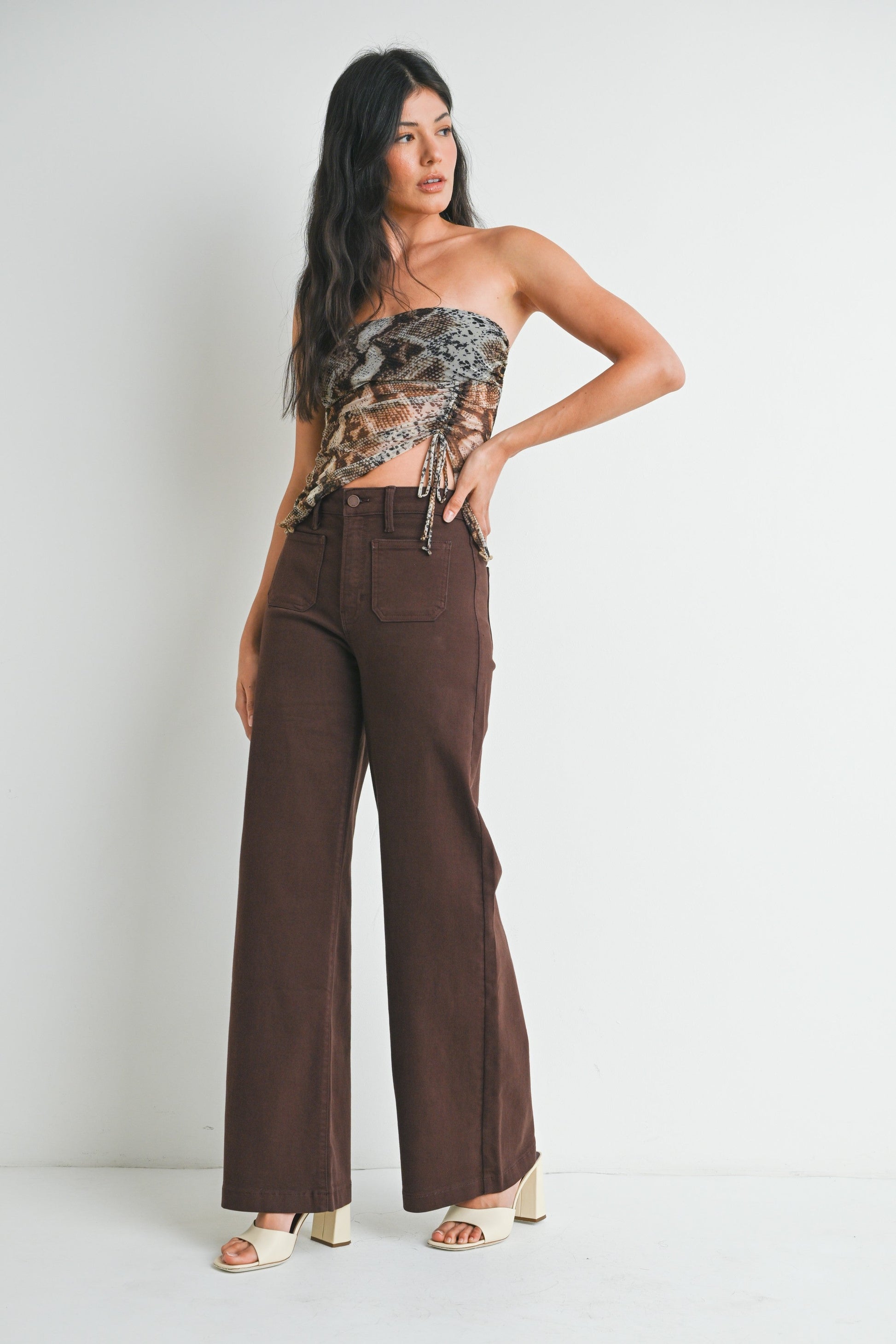  Leah Patch Pocket Wide Leg Jeans, Dark Brown
