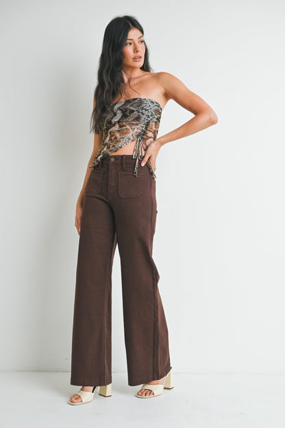  Leah Patch Pocket Wide Leg Jeans, Dark Brown