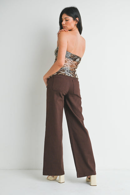  Leah Patch Pocket Wide Leg Jeans, Dark Brown