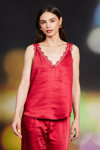  Averie Lace Trim Satin Cami, Red