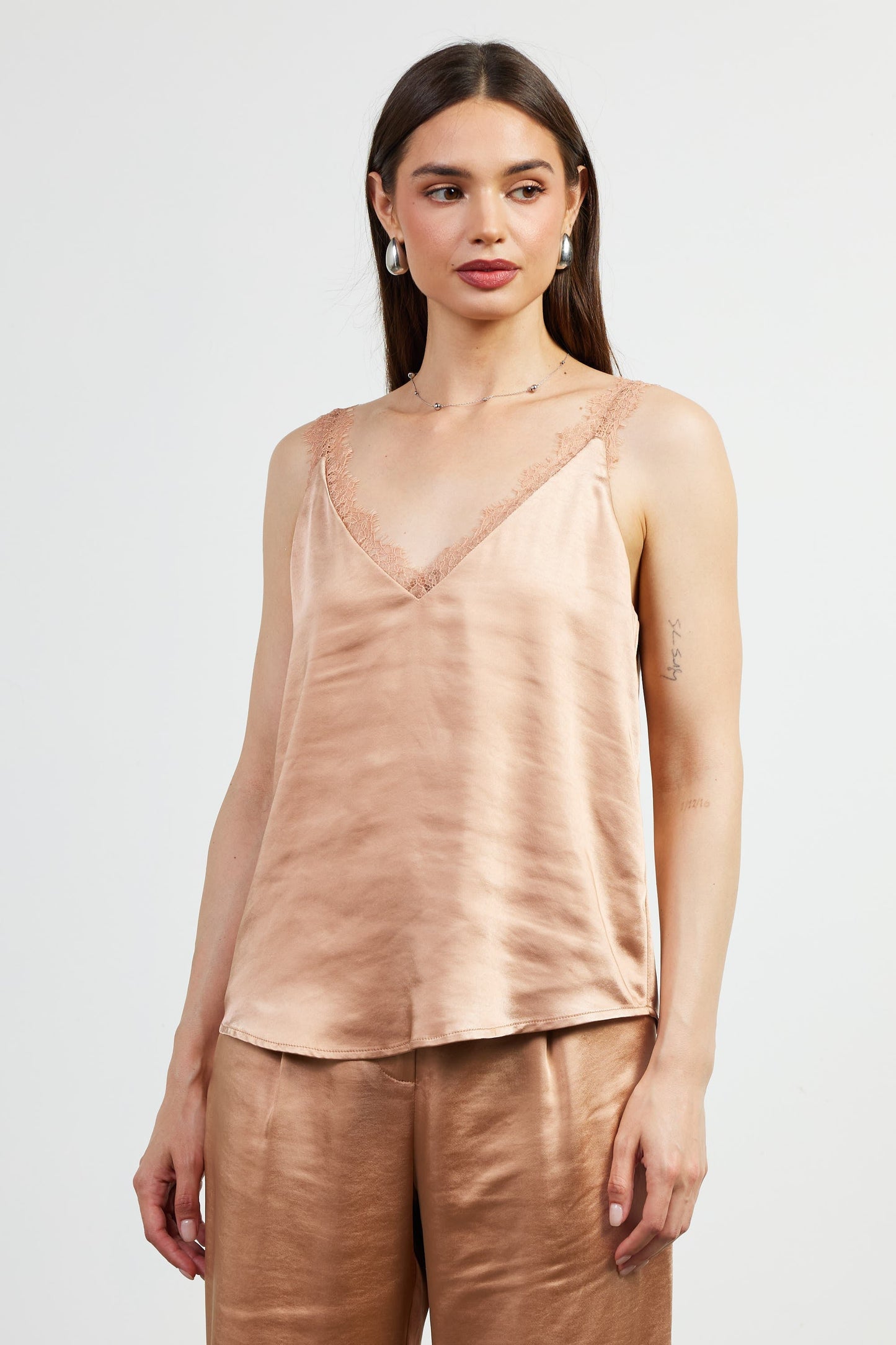  Averie Lace Trim Satin Cami, Almond