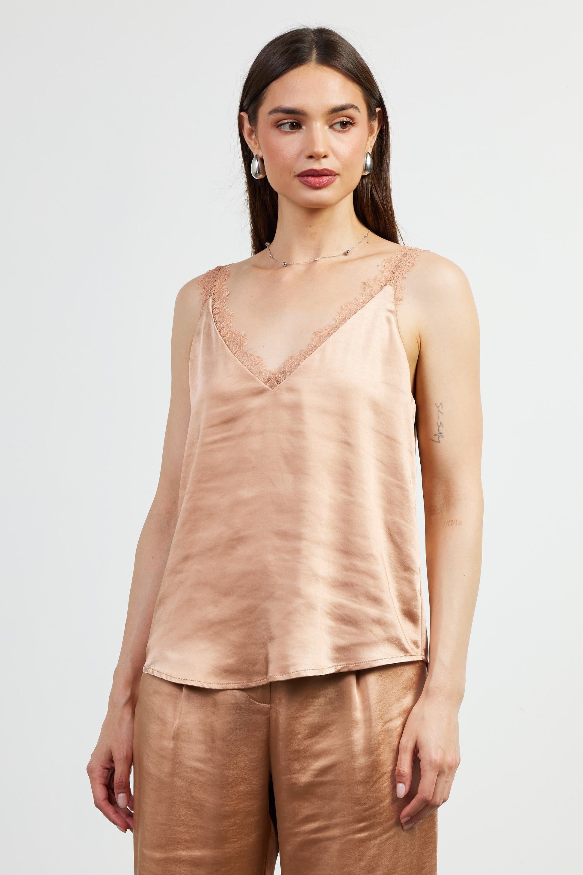  Averie Lace Trim Satin Cami, Almond