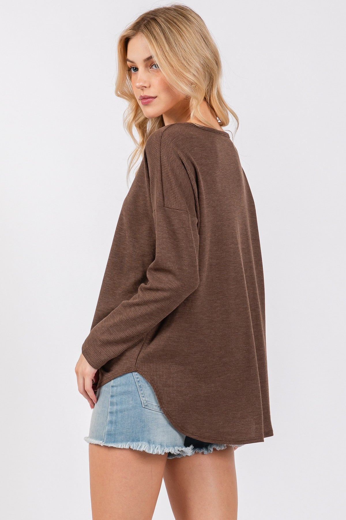  Gabrielle Round Hem Thermal Top, Dark Mocha