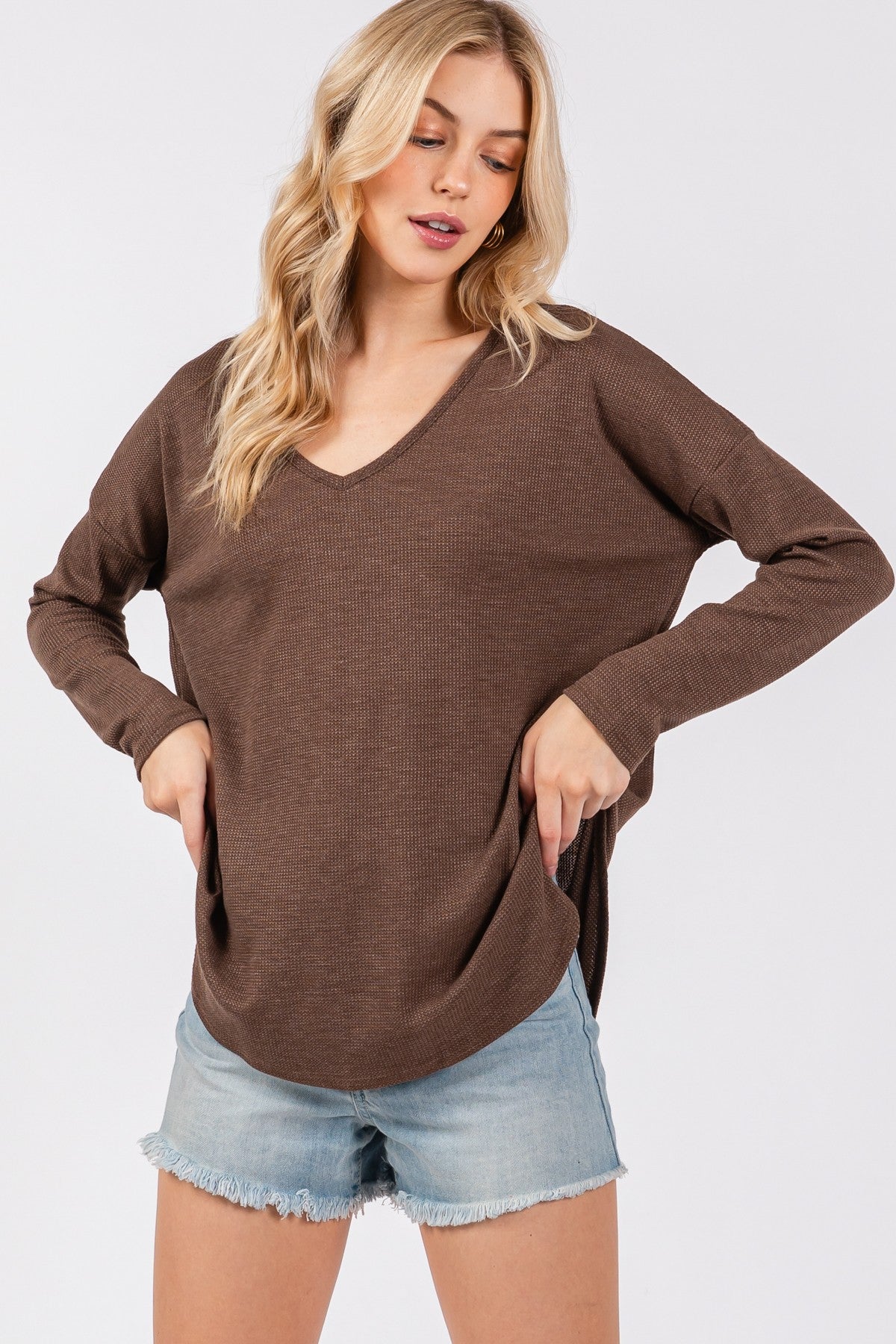  Gabrielle Round Hem Thermal Top, Dark Mocha