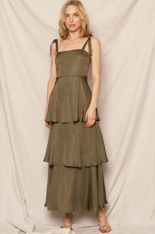  Kate Satin Tiered Maxi Dress, Olive