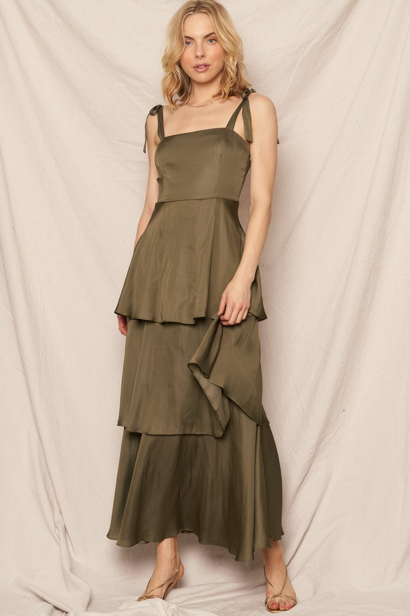  Kate Satin Tiered Maxi Dress, Olive