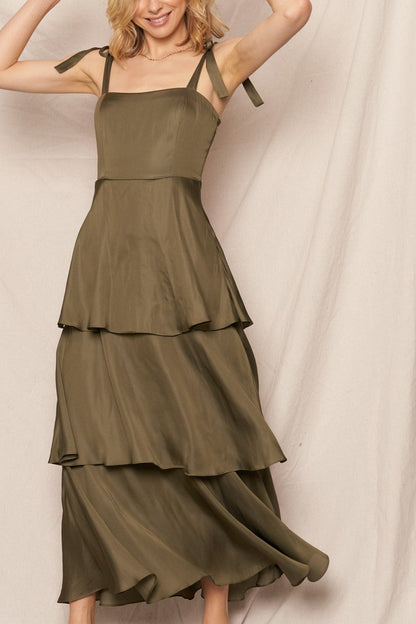  Kate Satin Tiered Maxi Dress, Olive