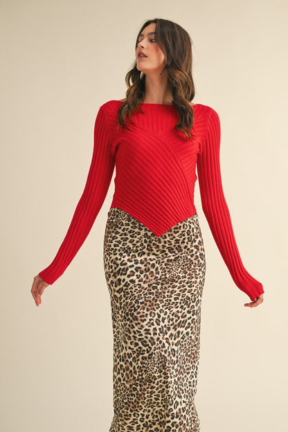  Paige Pointed Hem Ribbed Sweater, Red