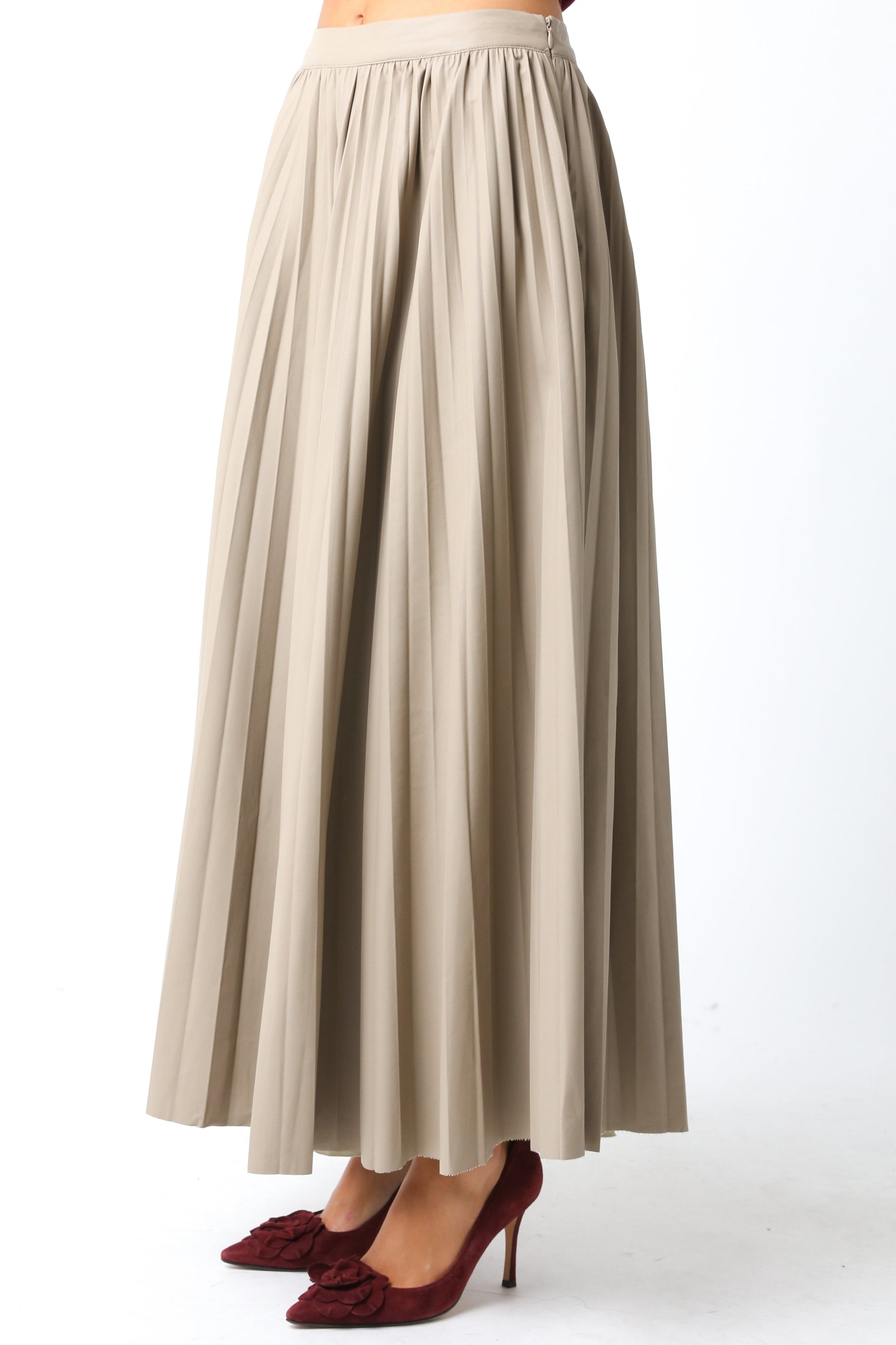  Sallie Vegan Leather Pleated Maxi Skirt, Khaki