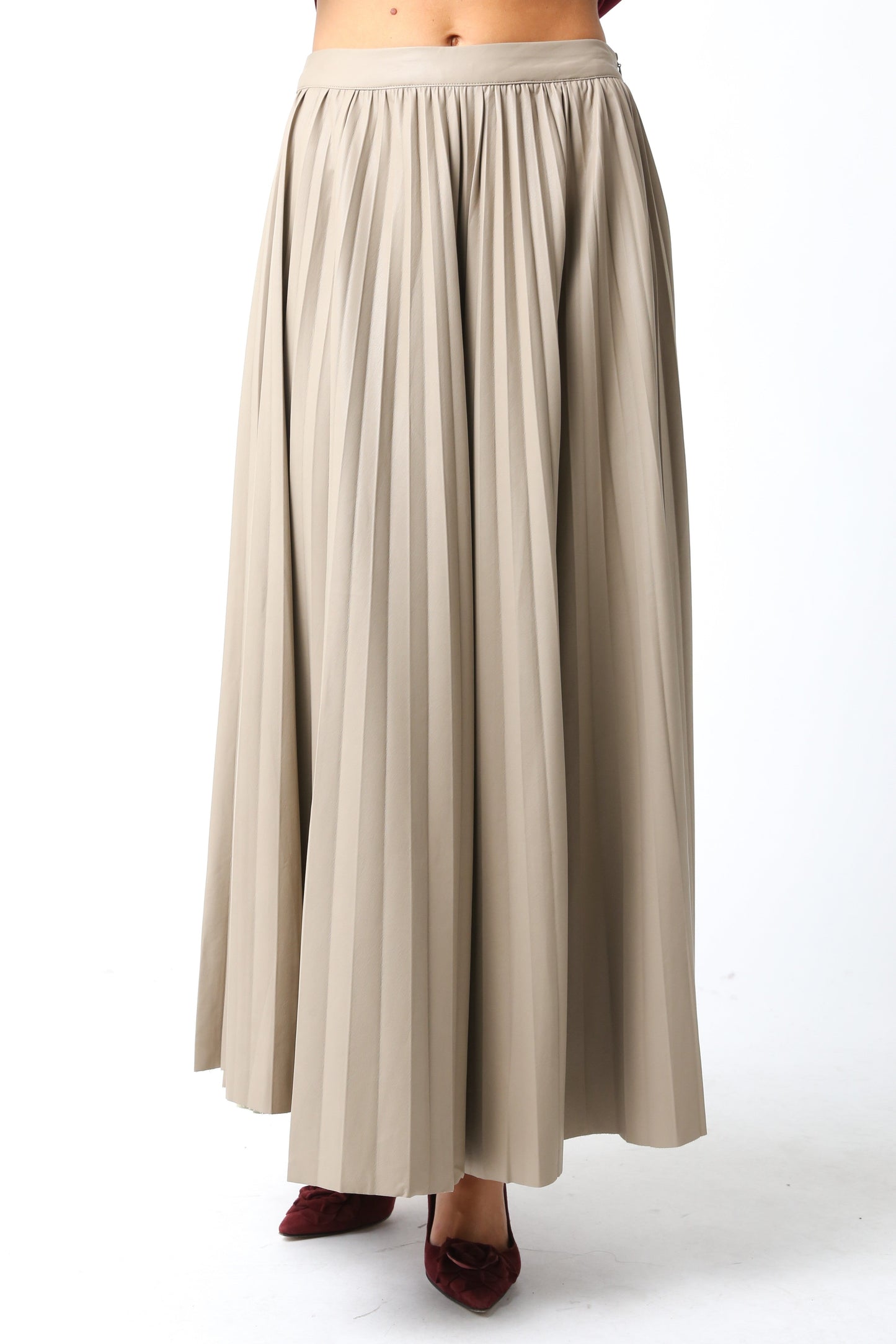  Sallie Vegan Leather Pleated Maxi Skirt, Khaki