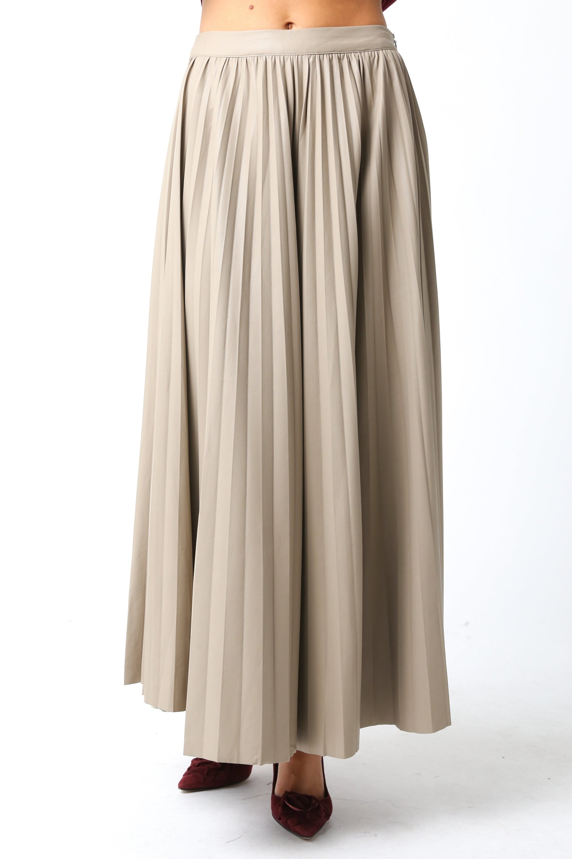  Sallie Vegan Leather Pleated Maxi Skirt, Khaki