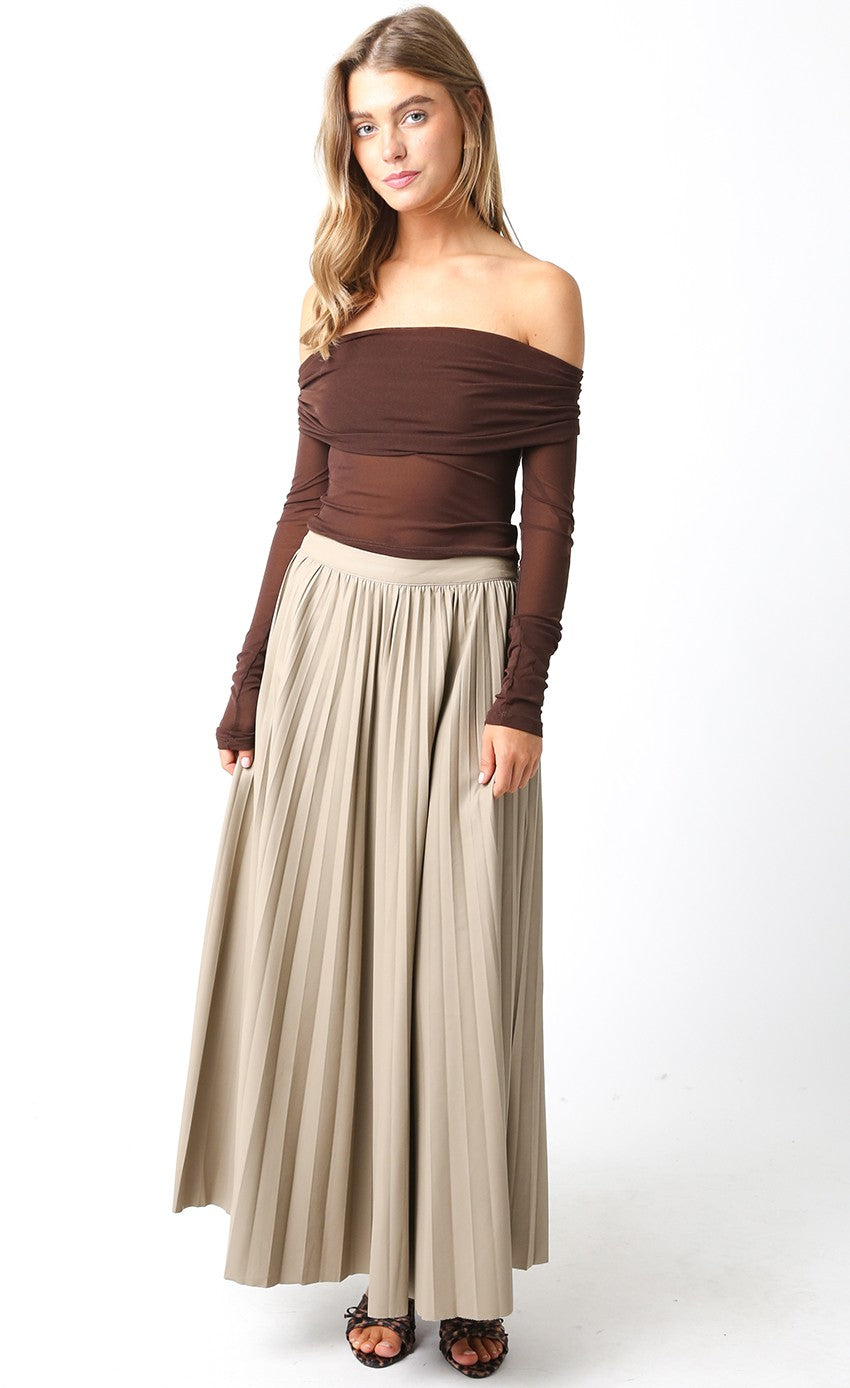  Sallie Vegan Leather Pleated Maxi Skirt, Khaki