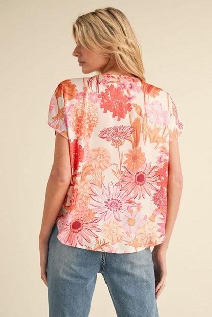  Christina Satin Flower Print Top, Orange/Cream