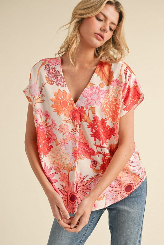  Christina Satin Flower Print Top, Orange/Cream