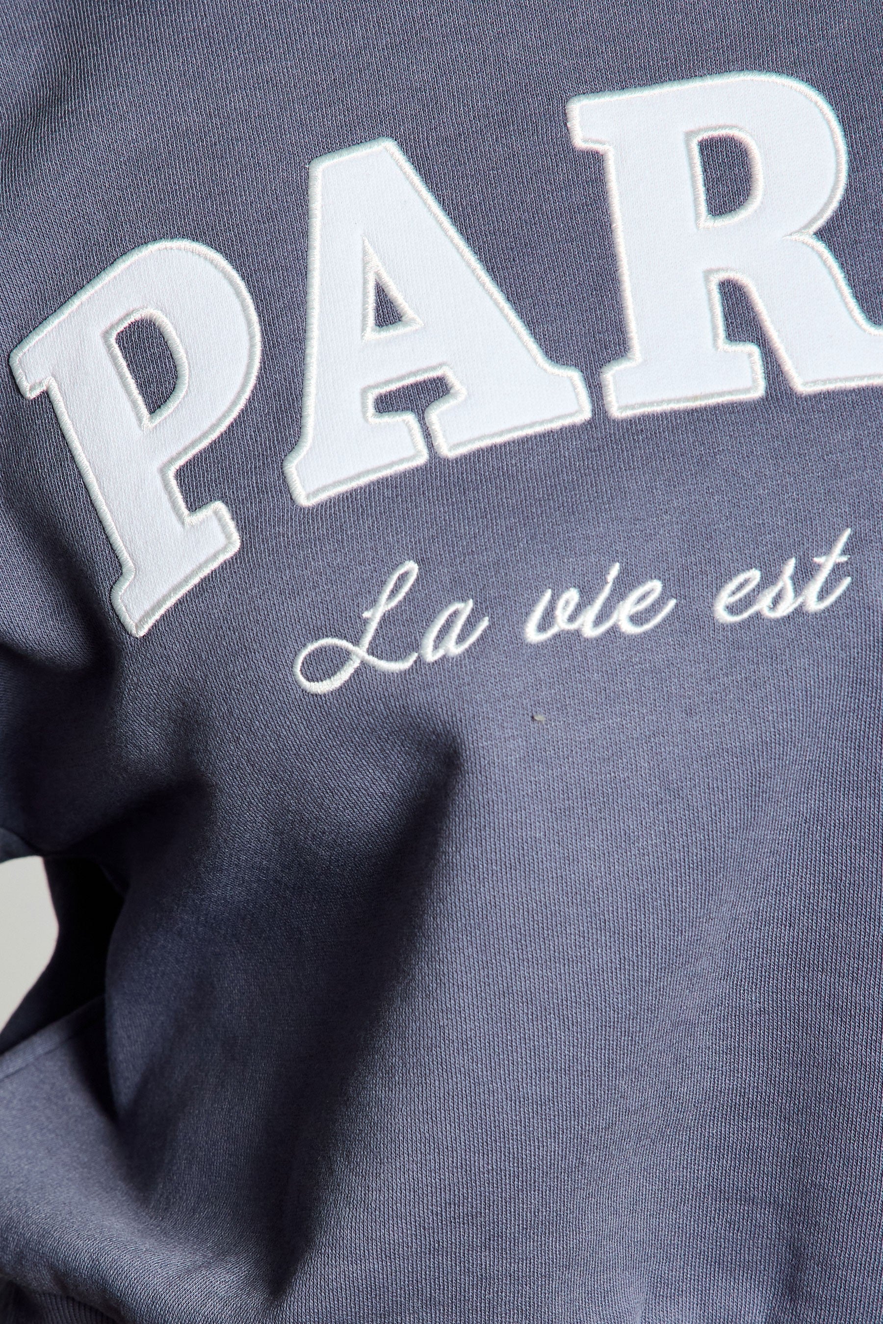  Paris Bow Embroidered Fleece Sweatshirt, Dusty Indigo