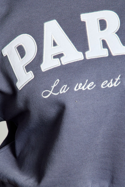  Paris Bow Embroidered Fleece Sweatshirt, Dusty Indigo