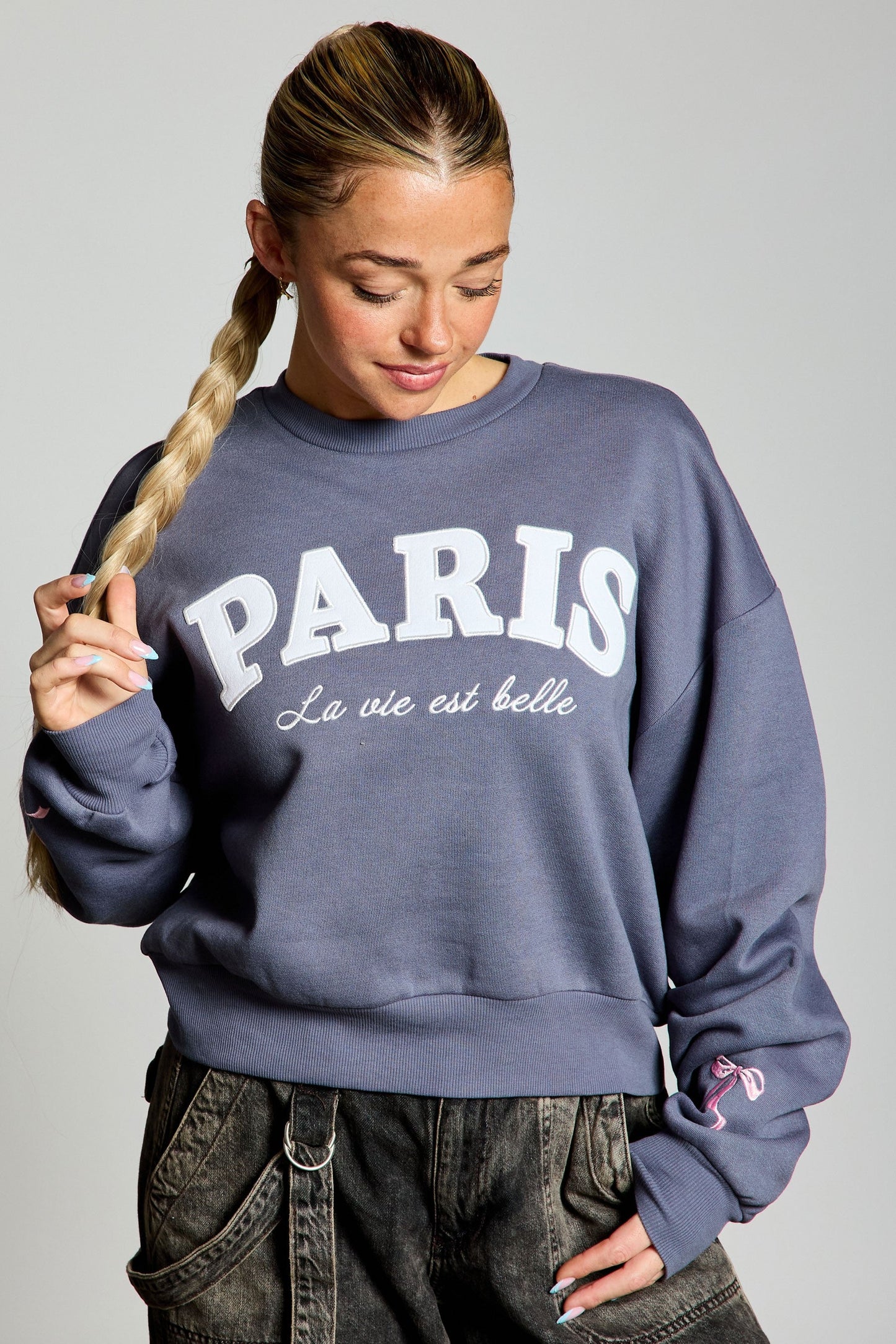  Paris Bow Embroidered Fleece Sweatshirt, Dusty Indigo