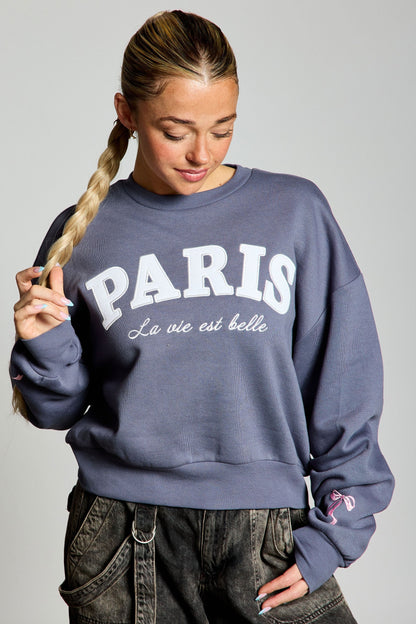 Paris Bow Embroidered Fleece Sweatshirt, Dusty Indigo