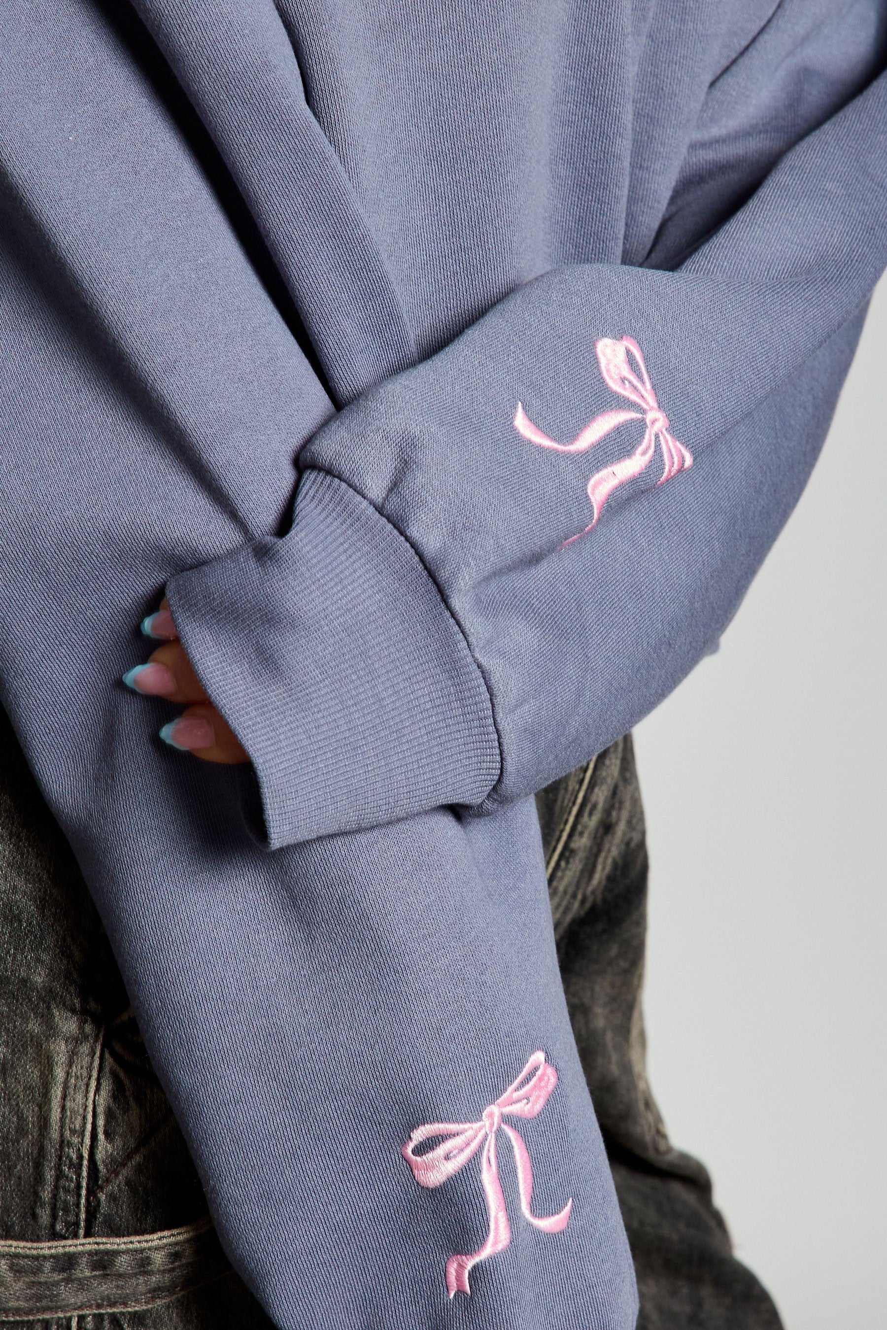  Paris Bow Embroidered Fleece Sweatshirt, Dusty Indigo