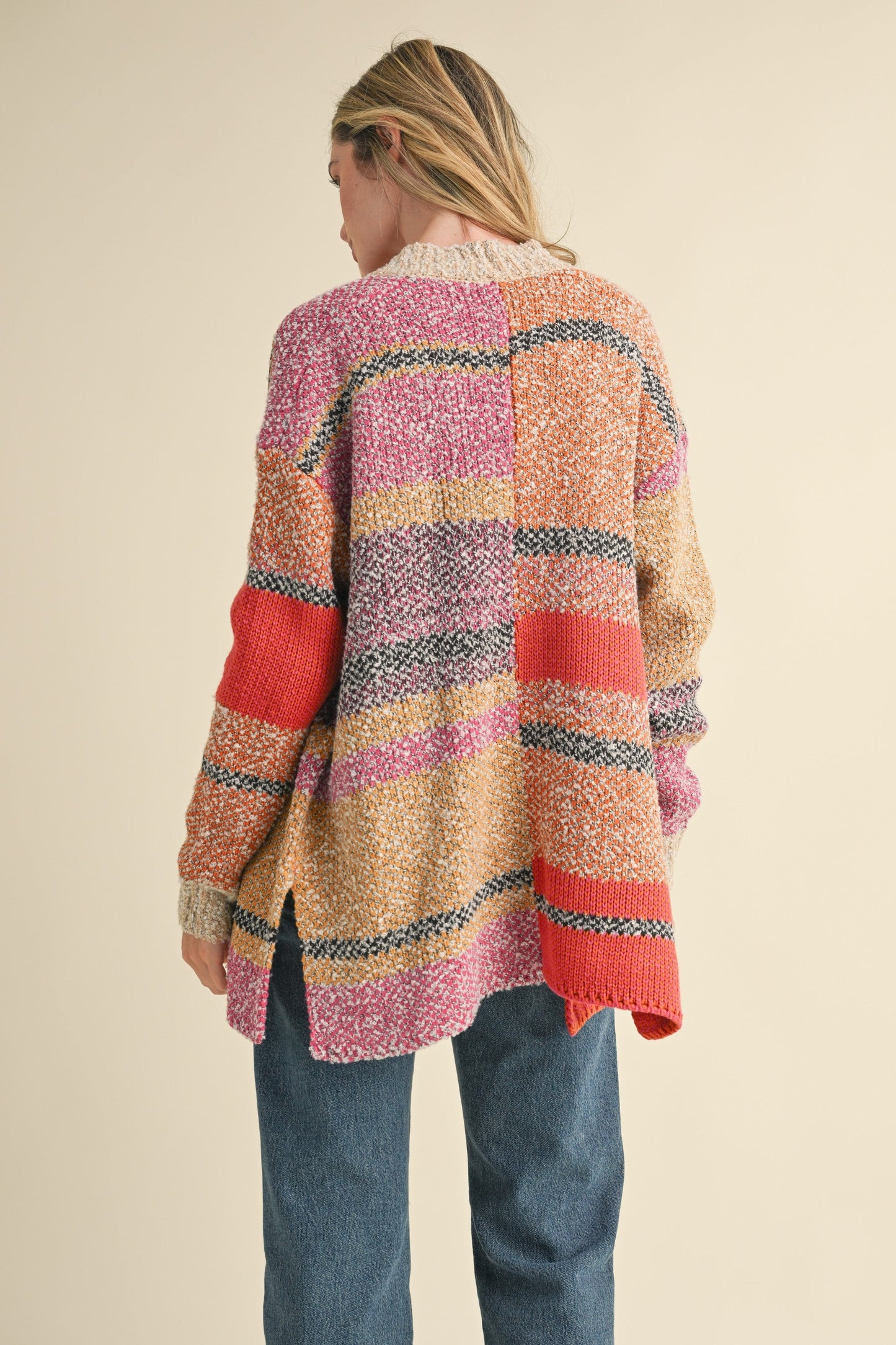  Frankie Oversized Color Block Cardigan, Fuchsia Mustard Multi