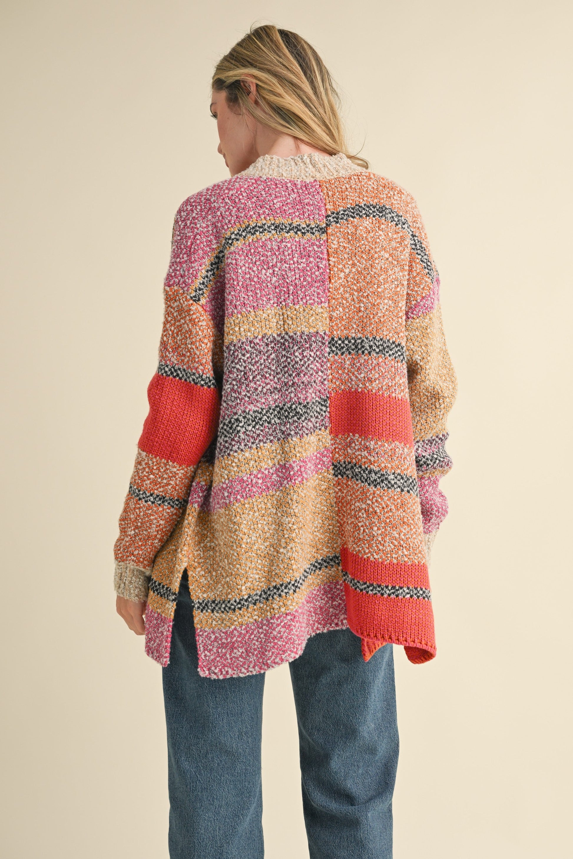  Frankie Oversized Color Block Cardigan, Fuchsia Mustard Multi