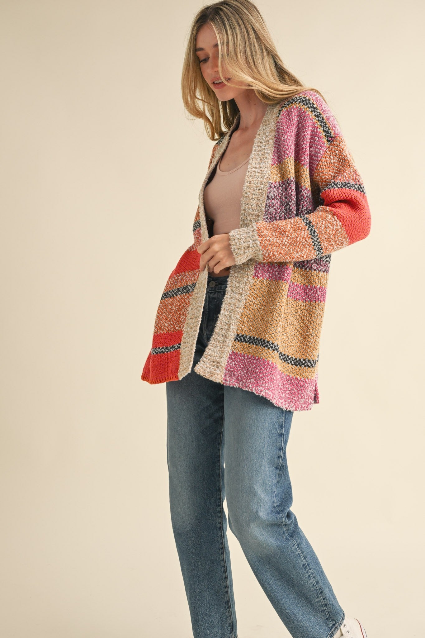  Frankie Oversized Color Block Cardigan, Fuchsia Mustard Multi