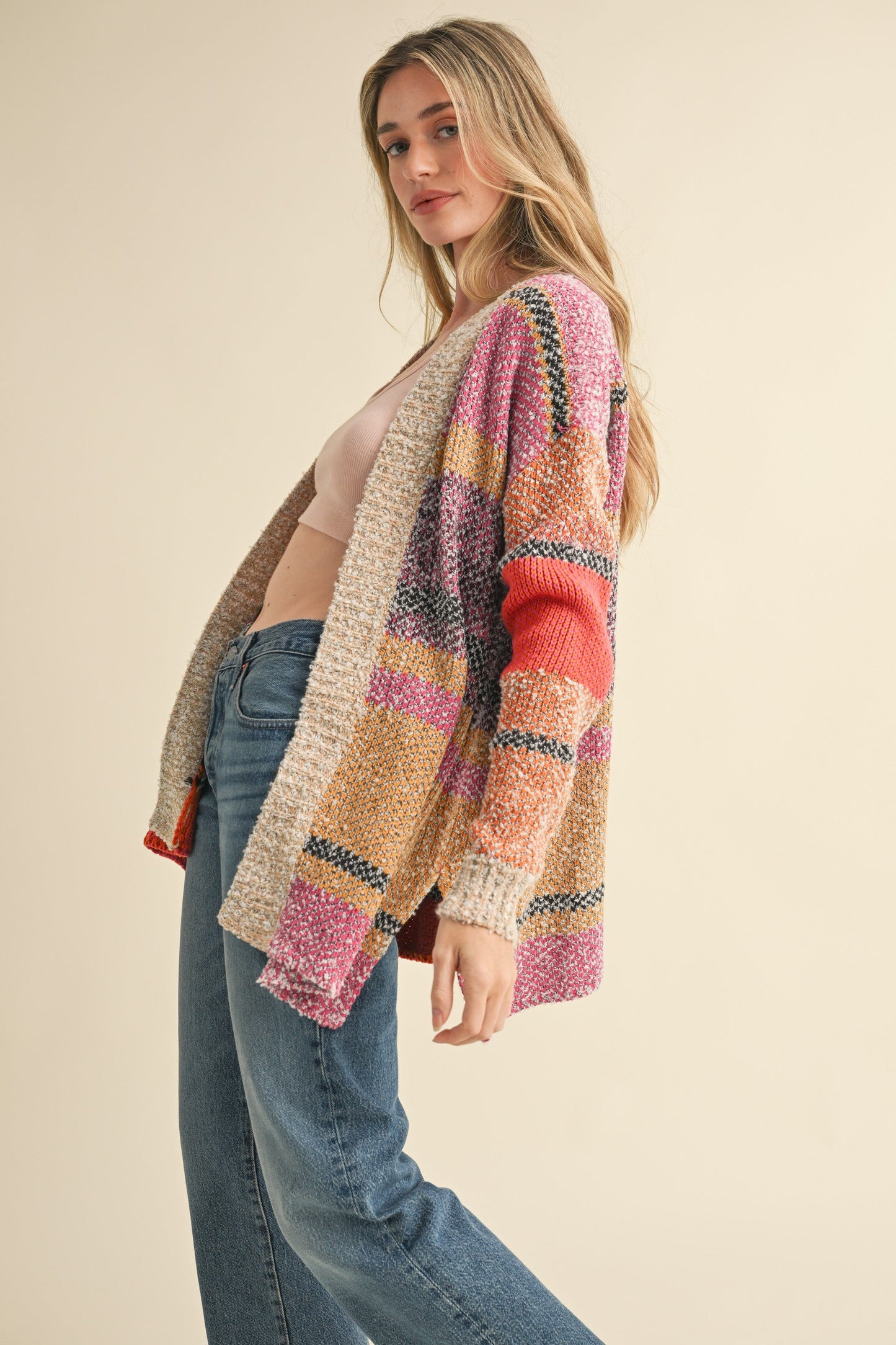  Frankie Oversized Color Block Cardigan, Fuchsia Mustard Multi