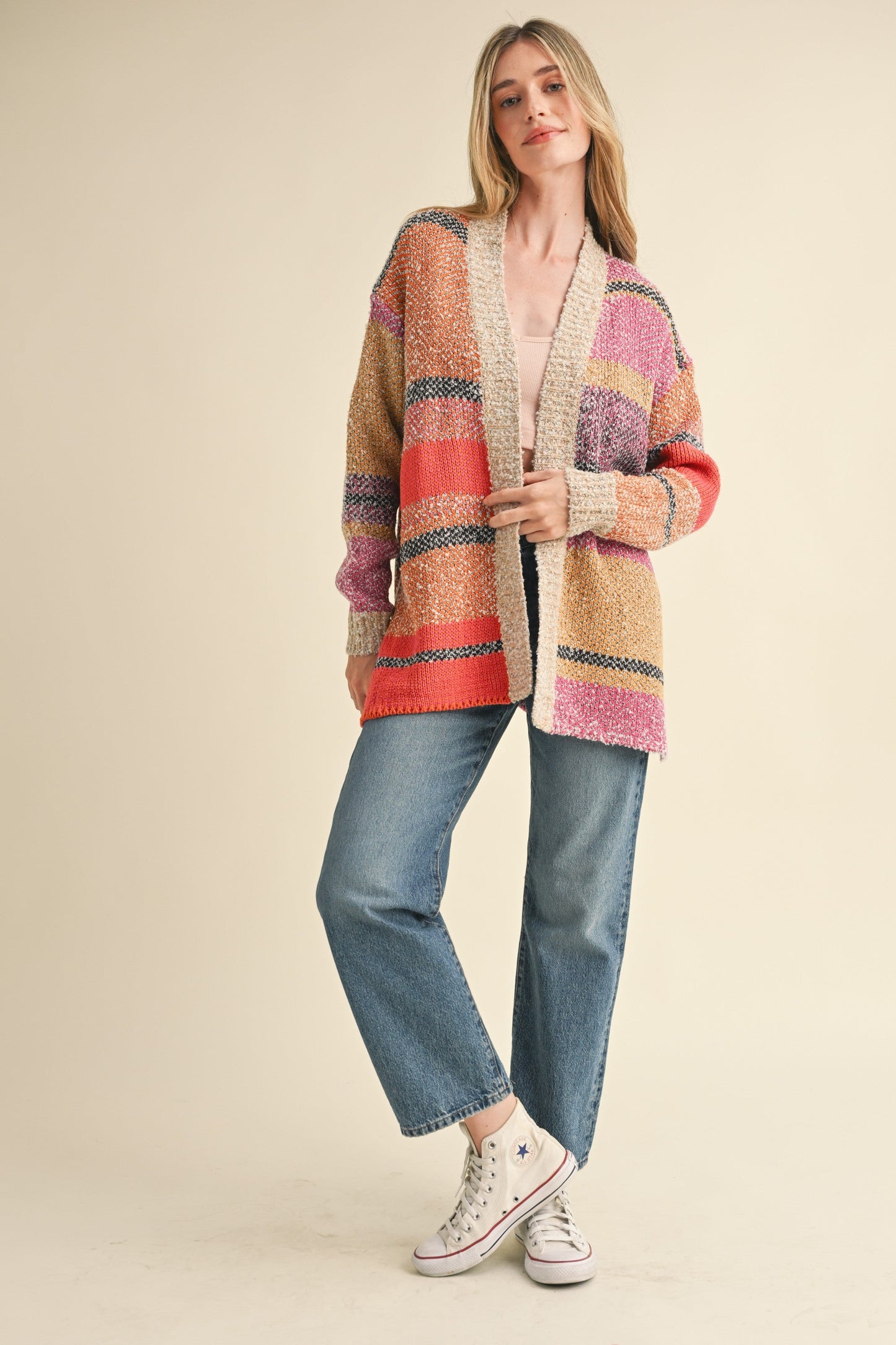  Frankie Oversized Color Block Cardigan, Fuchsia Mustard Multi