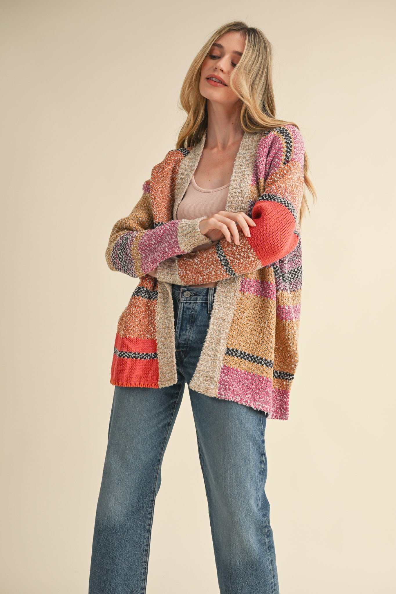  Frankie Oversized Color Block Cardigan, Fuchsia Mustard Multi