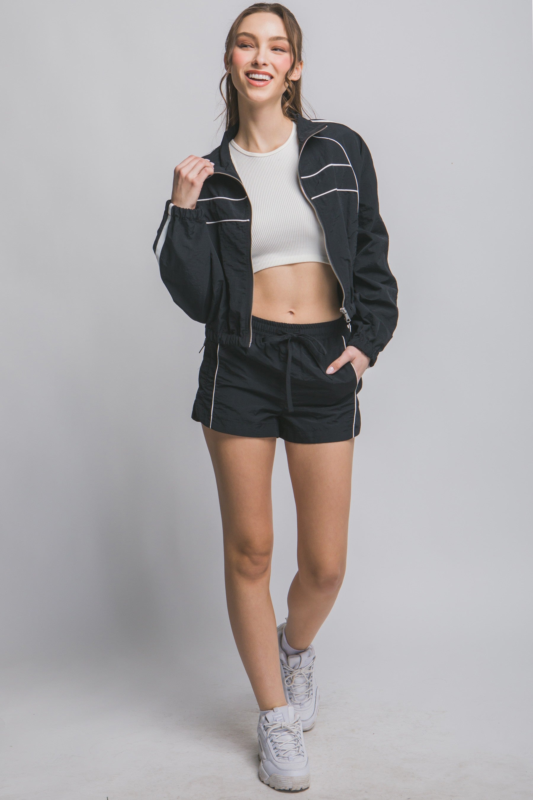  Ryleigh High Rise Windbreaker Shorts, Black