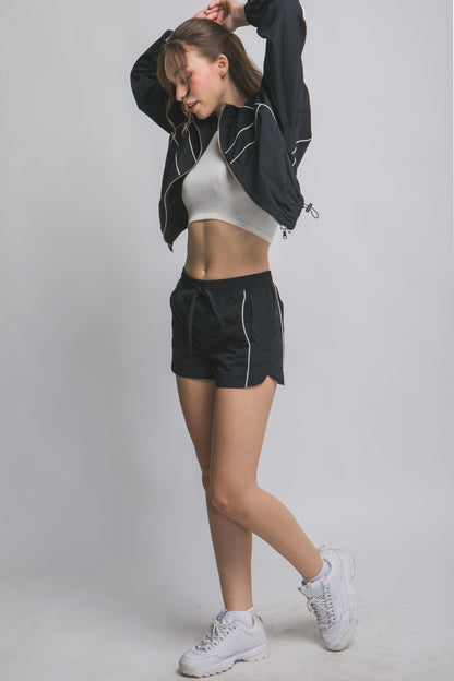  Ryleigh High Rise Windbreaker Shorts, Black