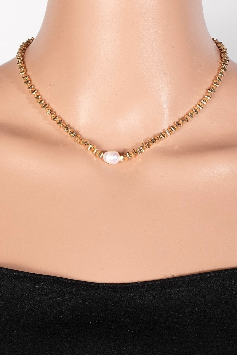  Pearl Charm Abstract Beaded Necklace, Gold