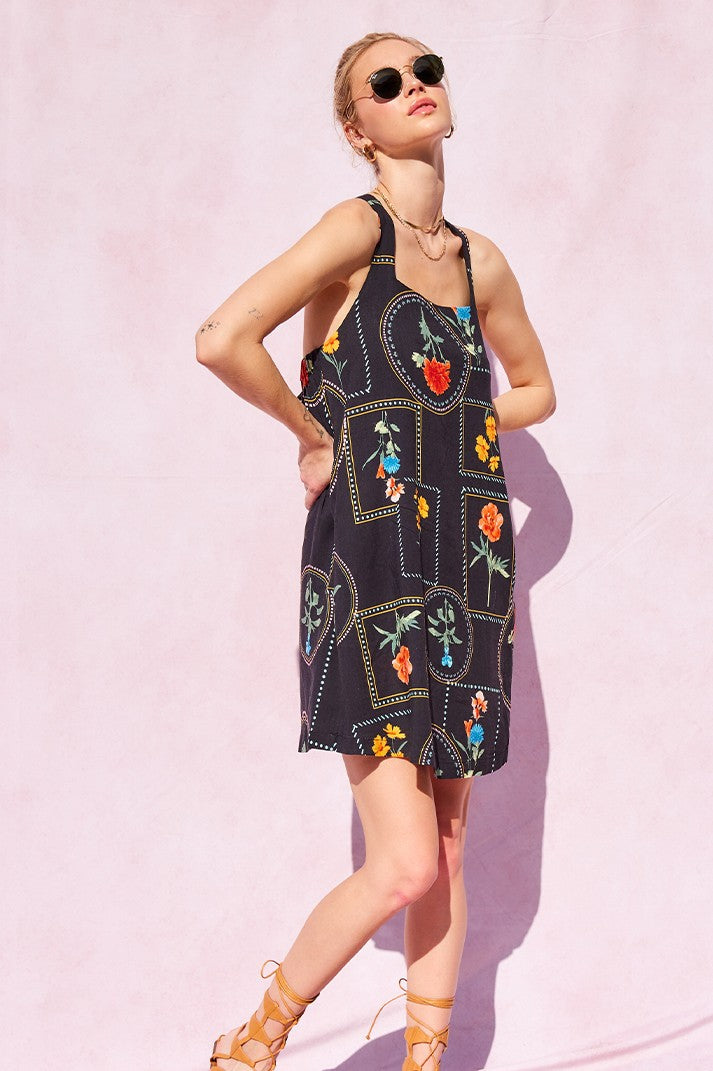  Myra Printed Tie Strap Shift Dress, Black