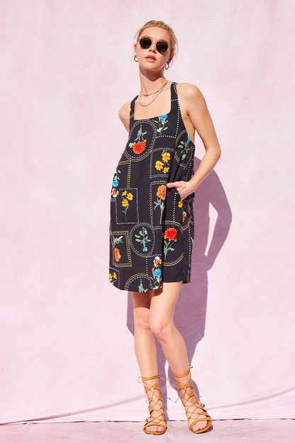  Myra Printed Tie Strap Shift Dress, Black