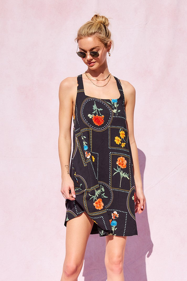  Myra Printed Tie Strap Shift Dress, Black