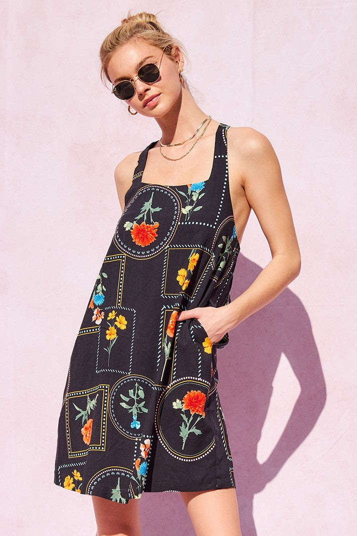  Myra Printed Tie Strap Shift Dress, Black