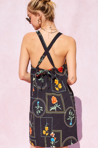  Myra Printed Tie Strap Shift Dress, Black