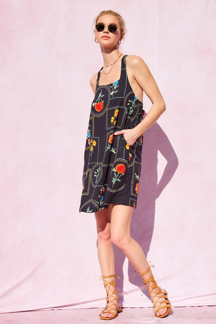  Myra Printed Tie Strap Shift Dress, Black