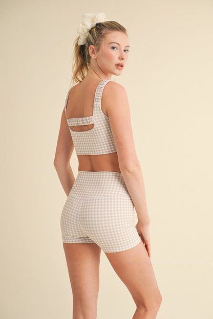  Rylee Gingham Ruched Bra Top, Beige Gingham