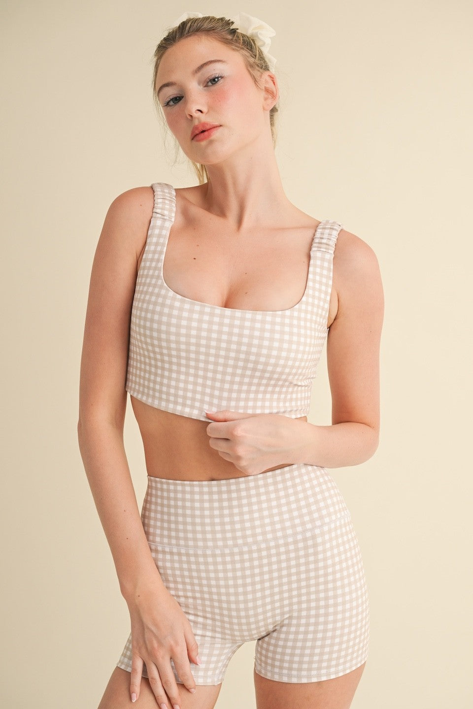  Rylee Gingham Ruched Bra Top, Beige Gingham