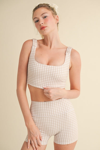  Rylee Gingham Ruched Bra Top, Beige Gingham