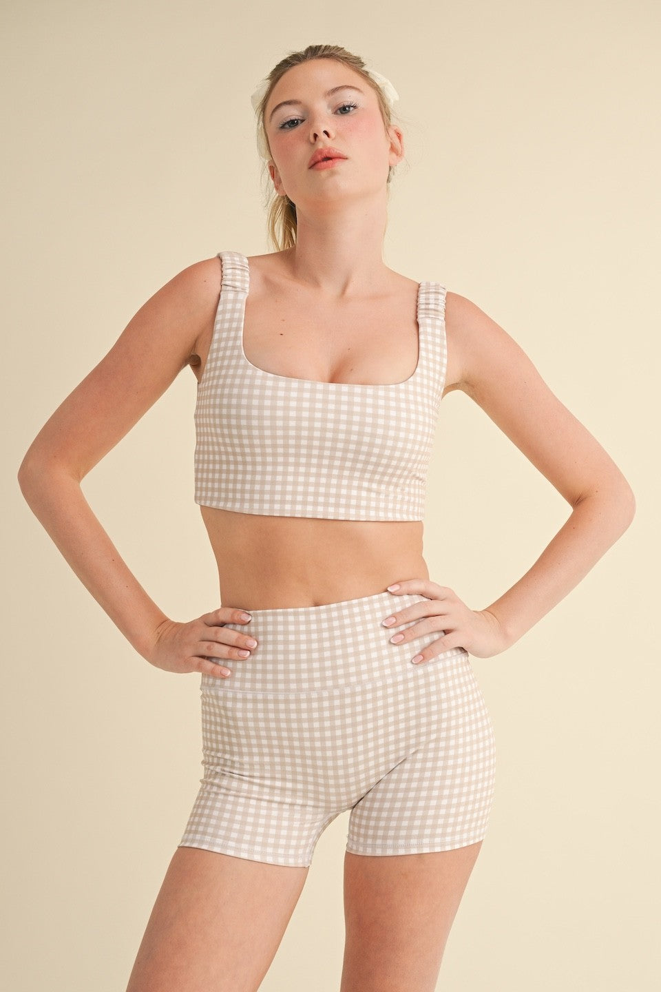  Rylee Gingham Ruched Bra Top, Beige Gingham