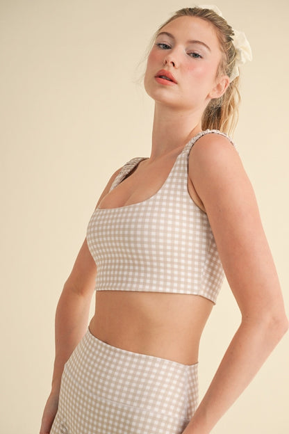  Rylee Gingham Ruched Bra Top, Beige Gingham
