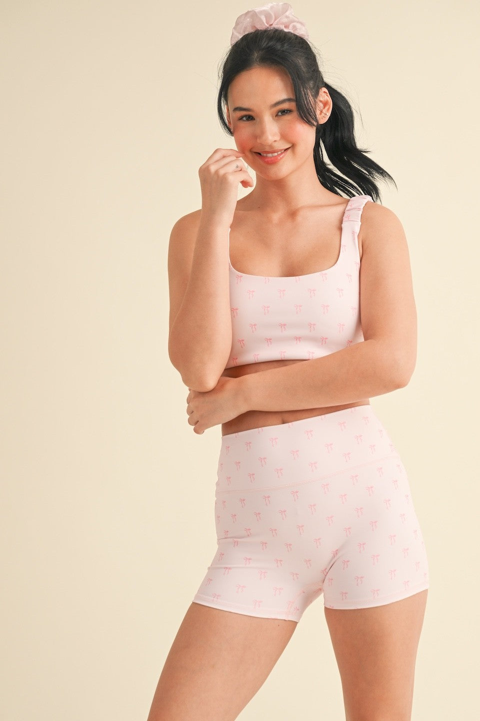  Samantha Bow Print Ruched Bra Top, Pink Bows