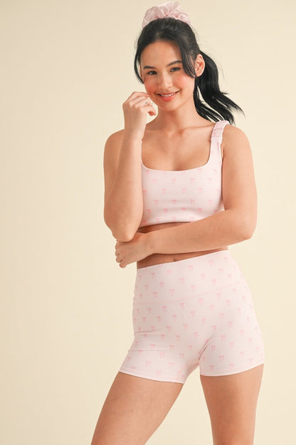  Samantha Bow Print Ruched Bra Top, Pink Bows