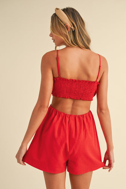  Julie 3D Flower Cutout Romper, Red
